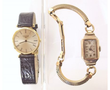 Ladies' vintage 9ct gold watch, rolled gold bracelet and gold plated Longines watch Condition reports are not available for o