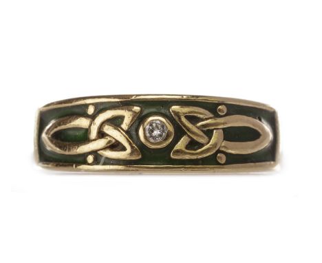 DIAMOND AND ENAMEL CELTIC KNOT RING, the green enamel section set with a central round brilliant cut diamond of approximately