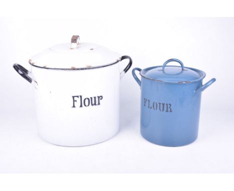 Two vintage enamel flour containersThe first a white example with black stencilled text and handles, 35cm high, and a smaller