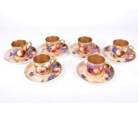 A set of Six Royal Worcester fruit painted coffee cans and saucersPainted with apples, blackberries, peaches, cherries, pears