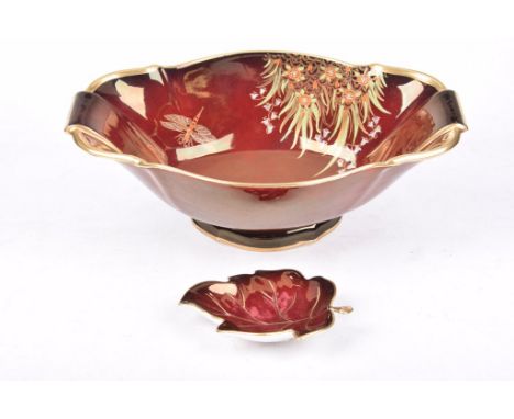 Two items of Carlton Ware Rouge RoyaleTo include a leaf shaped pedestal dish, 31cm long, together with a small leaf shaped pi