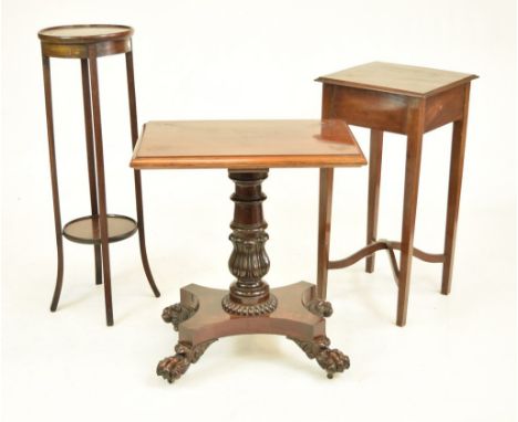 A 19th Century mahogany occasional tableWith a later rectangular moulded top on an acanthus leaf and ring turned shaft, quatr