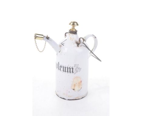A late 19th Century French enamel Petroleum priming tap filling kettleThe white enamelled body with spout and loop handle, an