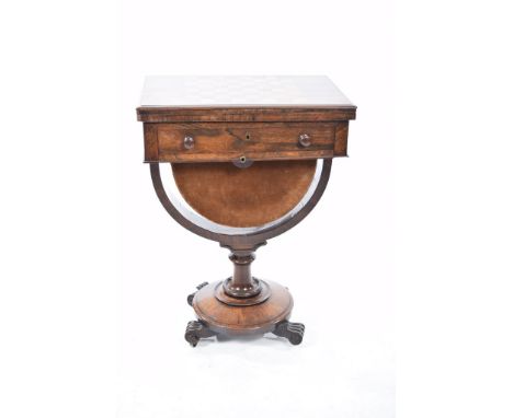 A Victorian rosewood games/work tableThe rectangular folding top inlaid with a chequered games board above a single compartme