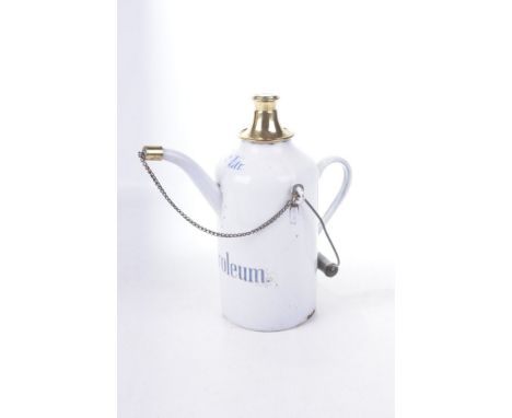 A French enamel priming tap filling kettle, circa 1900The white painted body, enamelled "Petroleum 21tr", with cap and wooden
