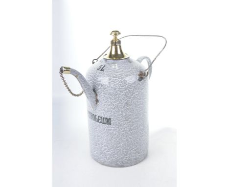 A late 19th Century French enamel petroleum filling kettleThe grey and white painted body with spout and swing handle, with b