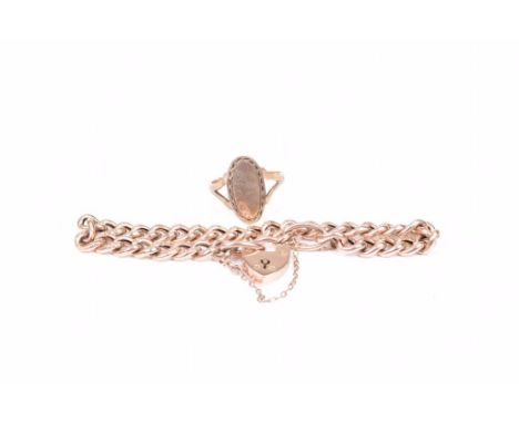 A 9ct rose gold curb link braceletWith heart padlock, together with, a 9ct gold oval signet ring (2) weight combined 11g