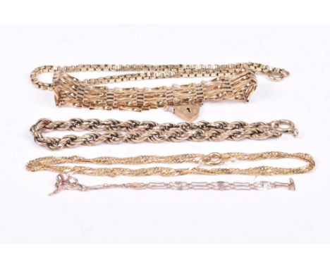 A 9ct gold gate link braceletWith heart padlock, together with, a 9ct gold twist link chain, a 9ct gold box link chain, two y