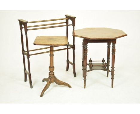 An 18th Century oak tripod table, an Edwardian mahogany towel rail and a Victorian walnut occasional tableThe oak tripod tabl