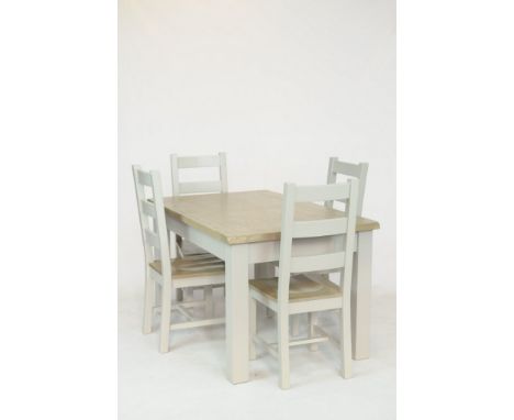 A modern light oak and painted kitchen table and chairsThe light oak slab top table on four painted square section supports w