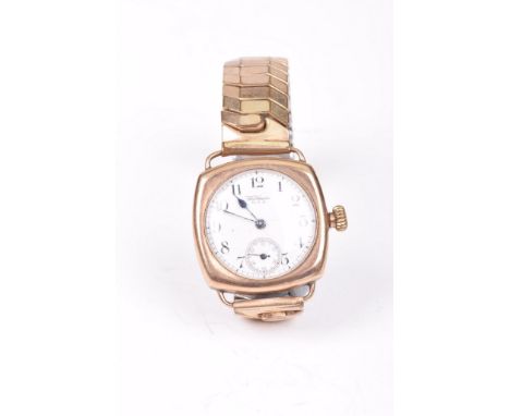 Waltham: A 9ct gold manual wind wristwatchThe face of square form, with white dial and black Arabic numerals, subsidiary seco