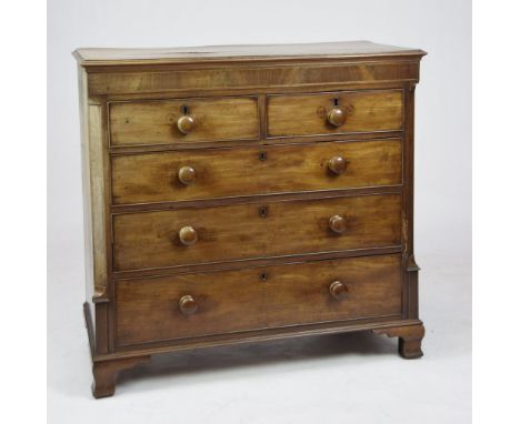 A 19th Century mahogany chest of drawersWith a rectangular moulded cross banded top above a plain frieze, two short and three