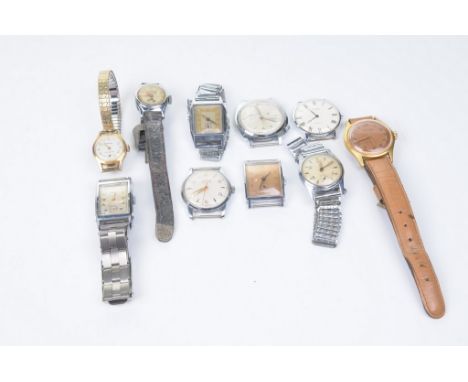 A collection of wristwatchesTo include; three rectangular faced manual wind wristwatches, one without strap, together with, S