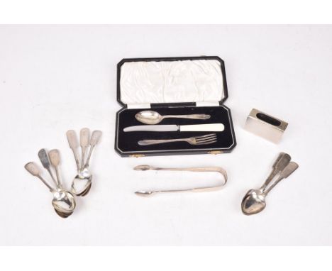 A Georgian set of six silver fiddle pattern teaspoonsWith matched sugar tongs, initialled, possibly by Thomas Wheatley, Newca