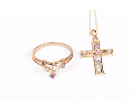 A 9ct gold and multi-gem set ring Together with, a 9ct gold and multi-gem set cross pendant and chain (2), weight combined 6g