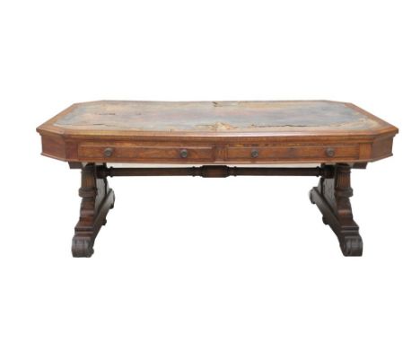 An impressive early 20th Century octagonal oak library table by Lamb of ManchesterThe octagonal leather inset writing surface