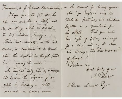 Palmer (Samuel, landscape painter and etcher, 1805-81) 5 Autograph Letters signed, four to John Linnell jnr. (1821-1906, arti