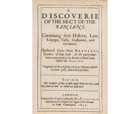 India.- [Lord (Henry)] A Discoverie of the Sect of the Banians. Containing their History, Law, Liturgie, Casts, Customes, and
