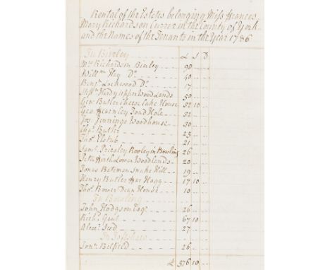 Currer (Frances Mary Richardson, book collector, of Eshton Hall, near Gargrave, West Riding of Yorkshire, 1785-1861).- Rental