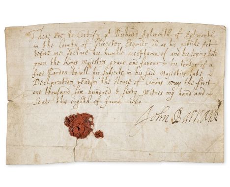 Restoration of Charles II.- Public Act by Richard Aylworth declaring his allegiance to Charles II in return for a free pardon