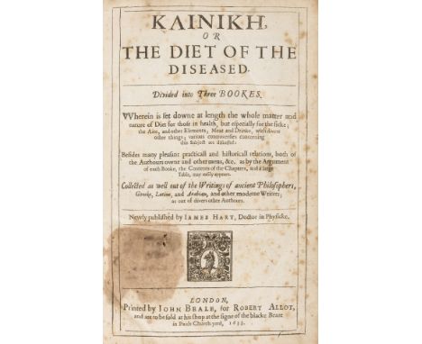 Hart (James) Klinike, or, The Diet of the Diseased, first edition, woodcut device on title, woodcut head-pieces and initials,