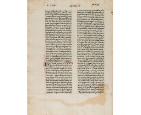 Bible leaf from 1462.- Bible, Latin, Single leaf, from Genesis chapters 34 to 36, double column, 48 lines, Gothic type, 2 ini