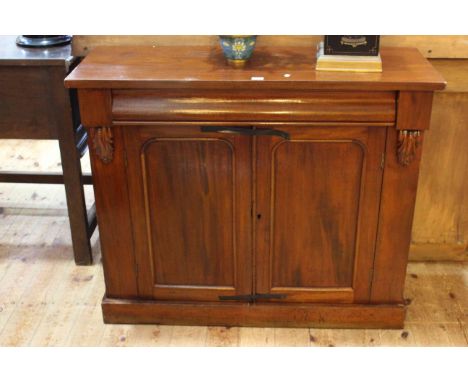 Victorian mahogany chiffonier having long drawer above two cupboard doors, 87cm by 103.5cm by 39cm.