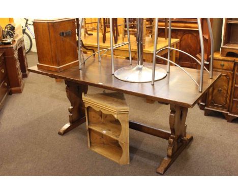 Rectangular oak dining table, mahogany tripod wine table, inlaid coal purdonium and pine open corner wall cabinet (4).