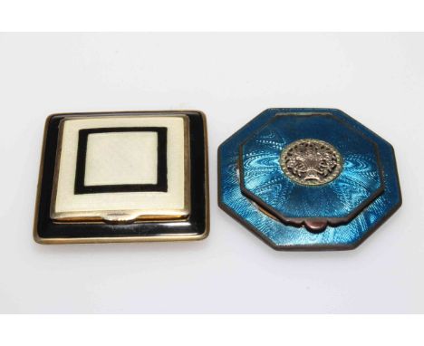 Vintage La Mode black and white rouge compact, 5.5cm square, and octagonal blue enamel compact with pierced basket of flowers
