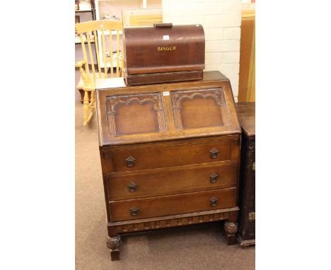Three drawer oak bureau, oak gate leg dining table and vintage Singer hand sewing machine (3).