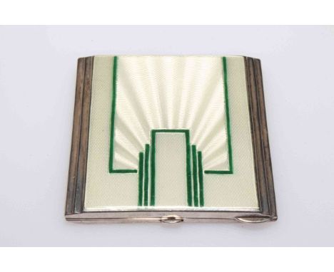 Art Deco silver and enamel compact, having green line architectural decoration on white ground, and with stepped sides, maker