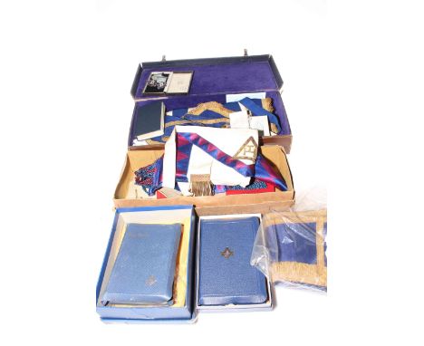 Masonic regalia including two silver and enamel 'Founder St. Oswald Lodge' jewel medals, silver Durham collar jewel, holy bib