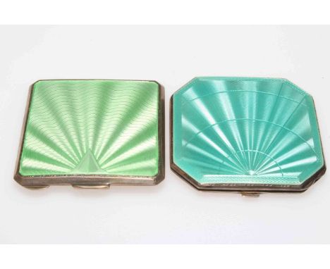 Two silver and green and blue enamel compacts, Birmingham 1936 and 1944, both approximately 7cm square.