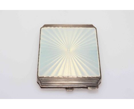 Mappin &amp; Webb silver and enamel compact with guilloché white enamel and stepped sides, Birmingham 1938, 7.5cm across.