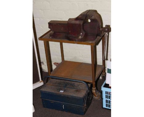 Large vice on portable stand and cantilever tool box and tools.