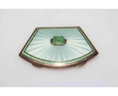 Asprey's silver and enamel compact, of shaped form with jade mount on blue/green ground, Birmingham 1935, 9cm across.