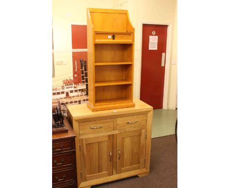 Contemporary light oak two door side cabinet and pine open bookcase (2).