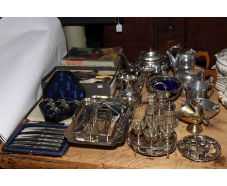 Collection of silver plated wares including teapots, napkin rings, cutlery etc, together with the Vulcan child's sewing machi