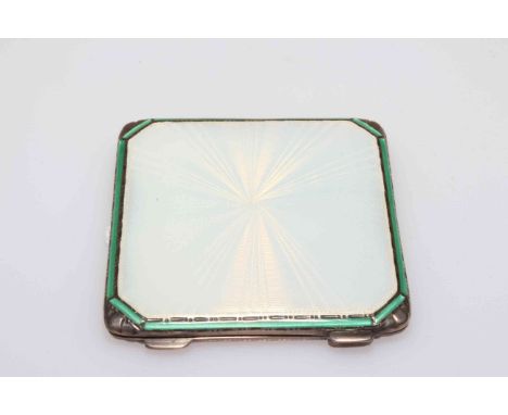 Asprey's silver and guilloché enamel compact in white enamel with green line border, Birmingham 1938, 6.75cm square.