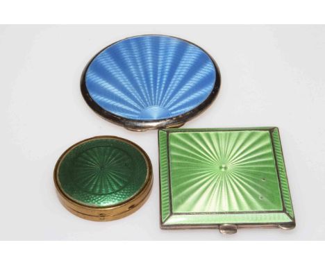 Silver and green enamel compact, Birmingham 1934, 6.5cm square, blue enamel compact, 8cm diameter, and small compact (3).