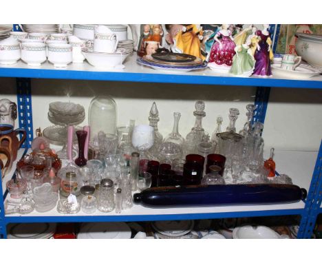 Collection of glass including Victorian rolling pin, Carnival glass, dome, decanters, etc.