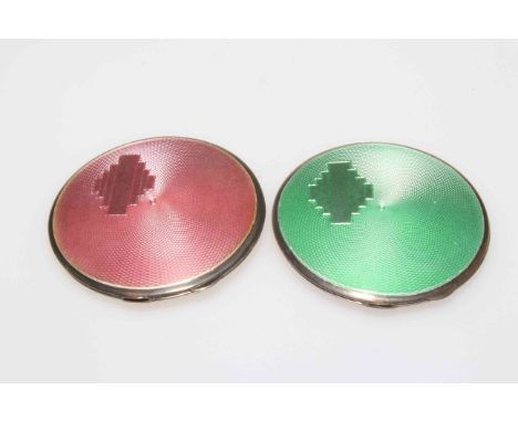 Two Art Deco silver and green and pink guilloché enamel compacts, both Birmingham 1939, 7cm diameter.