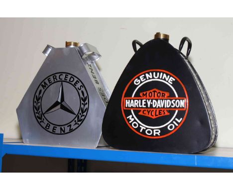 Mercedes Benz and Harley Davidson oil cans.