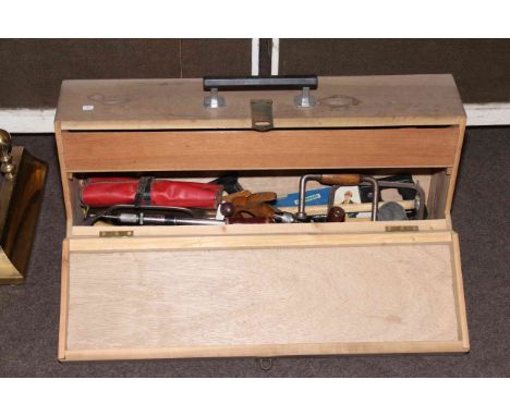 Carpenters tool box and tools including saws, hand drills, etc.