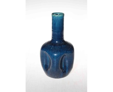 Linthorpe Pottery blue glazed dimple bottle vase, shape no. 24, 26cm.