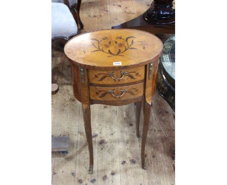 Continental floral inlaid oval two drawer lamp table, 67cm by 41.5cm by 31cm.