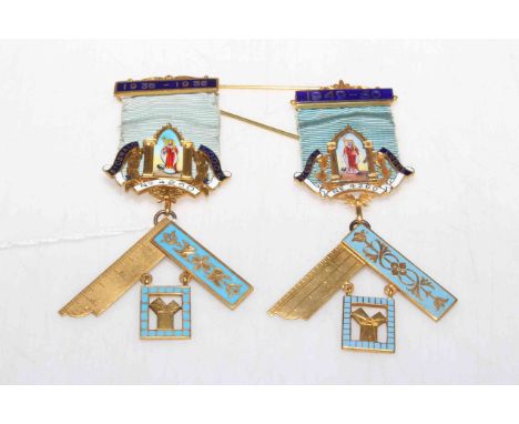 Two 9 carat gold and enamel St. Oswald Lodge No. 4260 Masonic jewel medals including 1935-1936 awarded to W. Bro. Raymund Lay