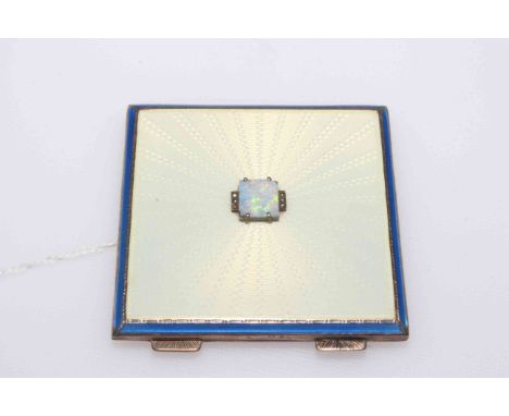 Asprey's silver and enamel compact, set with opal on white ground with blue border, Birmingham 1947, 6.5cm square.