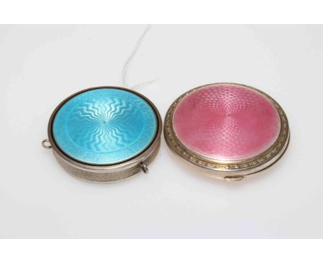 Silver and pink enamel compact with ornate border, Birmingham 1929, 5.5cm diameter, and Continental blue enamel box, 5cm diam