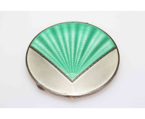 Art Deco silver and enamel compact, with green fan shape design and white reserve, Birmingham 1933, 8cm diameter.